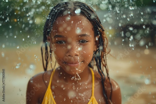 A young girl is standing in the rain with her hair wet and her face smiling