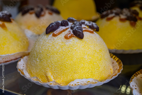 Polenta e Osei di Bergamo Alta most renowned sweet specialty of Bergamo’s cuisine, made from sponge cake, chocolate, butter, hazelnut creams and rum photo