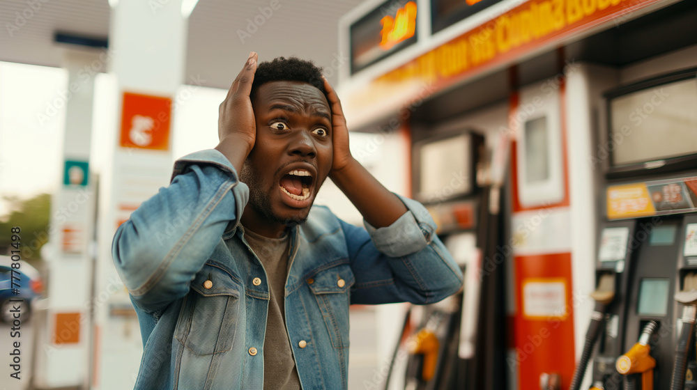 Black African man shocked upon seeing the high price of fuel at gas station, surprised at cost of petrol, diesel, lpg, filling, hike, expensive, astonished, angry, inflation, frustrated, hands on head Black African man shocked upon seeing the high price of fuel at gas station, surprised at cost of petrol, diesel, lpg, filling, hike, expensive, astonished, angry, inflation, frustrated, hands on head