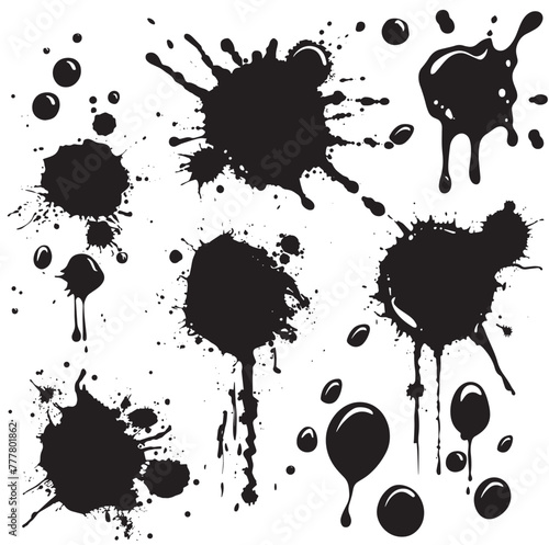 Black Ink Splatters and Stains Texture Collection on Grunge Paper and wall