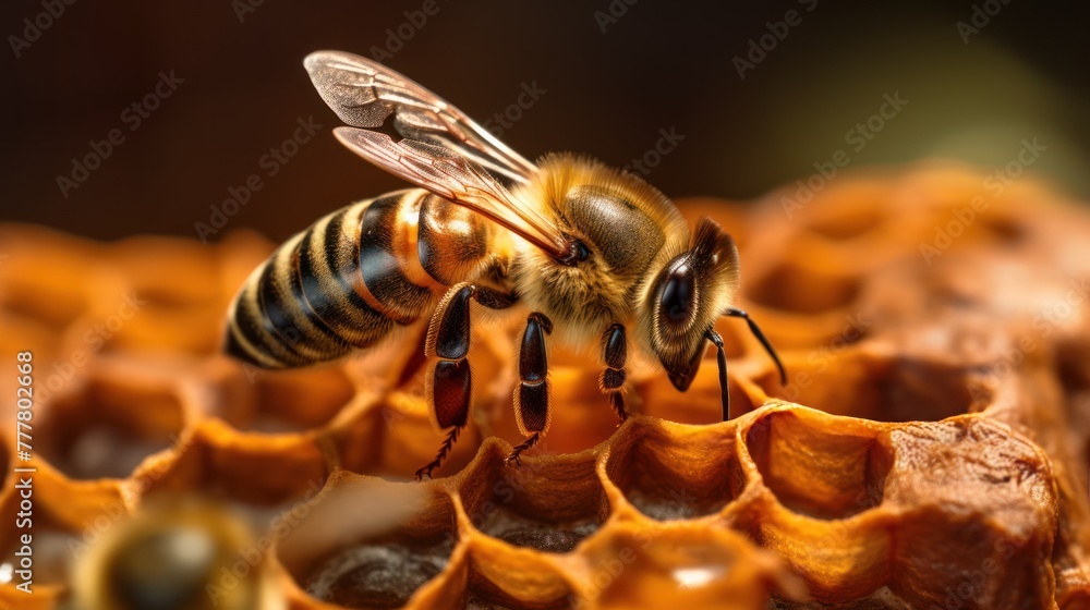 the queen (apis mellifera) marked with dot and bee workers around her - bee colony life AI generated