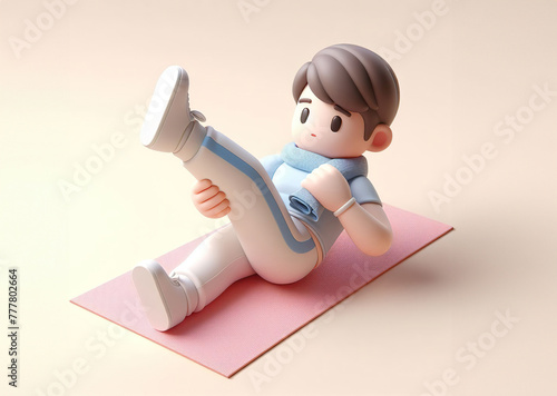 The boy, dressed in a white hoodie with a blue stripe and white T-shirt, is stretching on an exercise mat, wearing a headband. 3D rendering in pastel tones photo