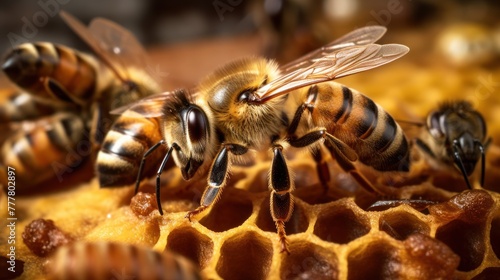 the queen (apis mellifera) marked with dot and bee workers around her - bee colony life AI generated © ANIS