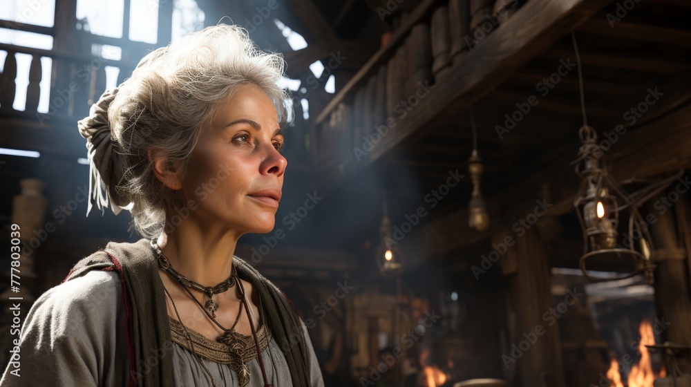 Obraz premium A woman with an old-fashioned gray wig looks away confidently in an old wooden house with a cozy fireplace and a charming balcony, exuding timeless elegance and sophistication.