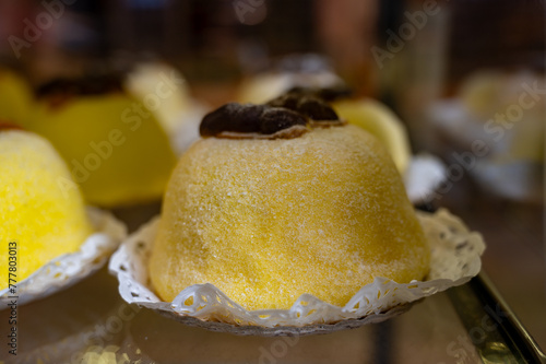 Polenta e Osei di Bergamo Alta most renowned sweet specialty of Bergamo’s cuisine, made from sponge cake, chocolate, butter, hazelnut creams and rum photo