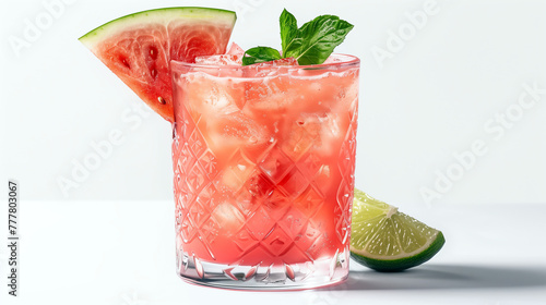 Icy Watermelon Margarita in Cut Crystal Glass, Lime Wedge Accent