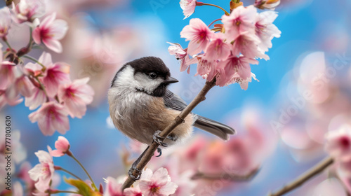 Chickadee perched on cherry blossom branch