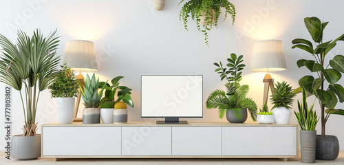 A modern TV cabinet featuring a TV mockup with a white screen, accompanied by a variety of plants in pots and contemporary lamps, against a white wall background