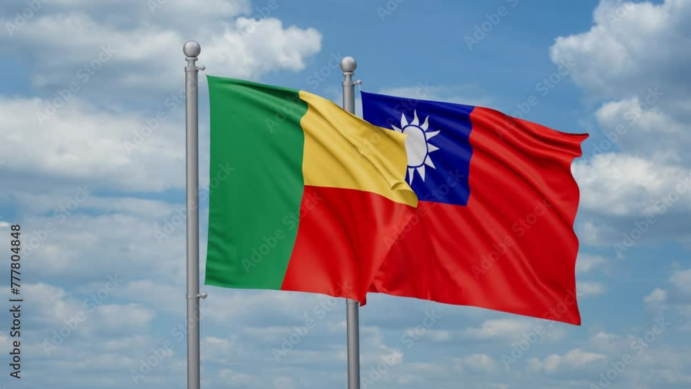 Taiwan and Benin two flags waving together, looped video, two country cooperation concept Taiwan and Benin two flags waving together, looped video, two country cooperation concept