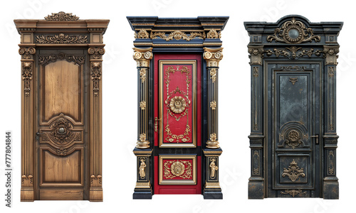 set of antique wooden door isolated on white background