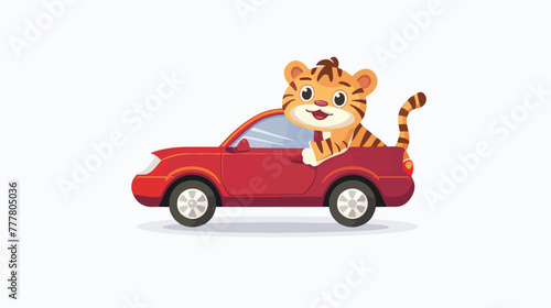 Cartoon baby tiger driving red car flat vector isolated