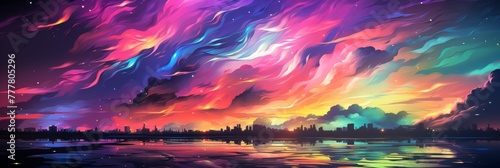 A mesmerizing scene of a multicolor surreal sky with vibrant rainbow colors and glowing stars reflected in a calm lake, with dark hills on the distant horizon. Panoramic Composition.