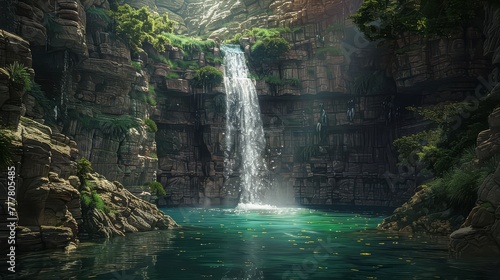A cascading waterfall plunging into a hidden emerald pool, a secret oasis nestled within rugged cliffs.