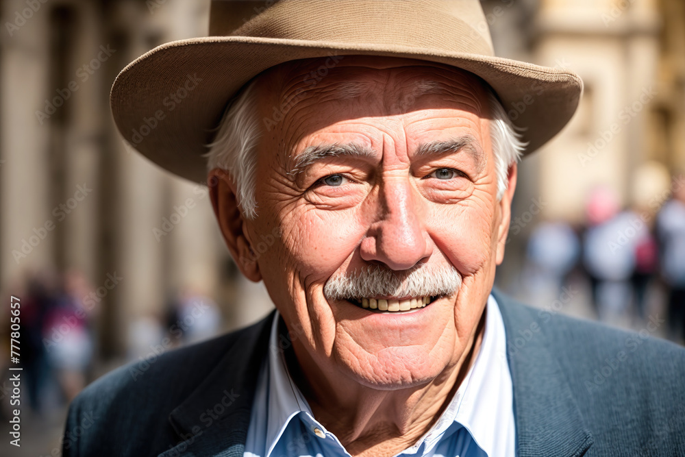 An older man wearing a hat and a suit, smiling at the camera. An older man wearing a hat and a suit, smiling at the camera.