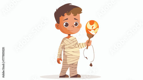 Cartoon boy wearing halloween mummy costume holding lamp