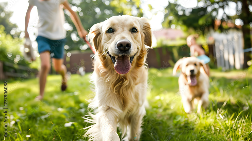 happy golden retriever playing in the backyard garden happy golden retriever playing in the backyard garden