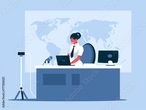 Online broadcasting presenter. Anchorwoman on home studio background. Broadcast news using a smartphone. Vector graphics