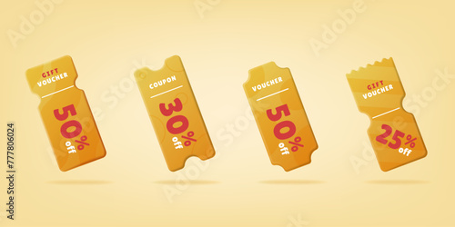 3D yellow coupon cards set. Voucher gift promotion design. Isolated Vector coupons with pattern. For special price offers banner, promotion poster, discount online purchases