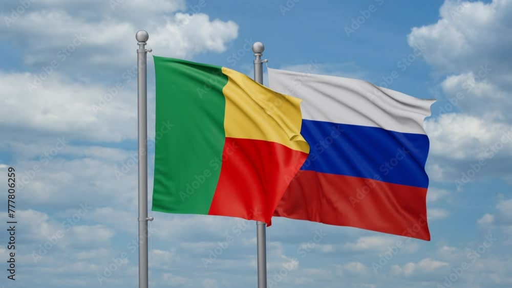 Russian Federation and Benin two flags waving together, looped video Russian Federation and Benin two flags waving together, looped video