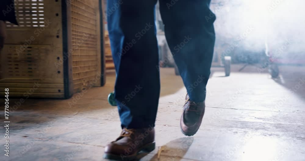 Worker, tool and person with hammer walking in workshop with smoke or dust from construction. Industrial, sledgehammer and working in warehouse on building, project or demolition with safety Worker, tool and person with hammer walking in workshop with smoke or dust from construction. Industrial, sledgehammer and working in warehouse on building, project or demolition with safety