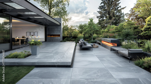 A sleek and stylish backyard patio defined by its use of grey, oversized slabs that create a seamless indoor-outdoor transition. The area features contemporary outdoor furniture