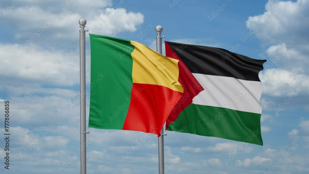 Palestine and Gaza Strip and Benin two flags waving together on blue sky, looped video Palestine and Gaza Strip and Benin two flags waving together on blue sky, looped video