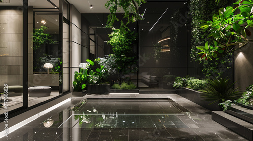 A sleek courtyard design within a modern home, featuring a monochrome palette with green accent plants. The area is defined by its clean lines, polished surfaces,