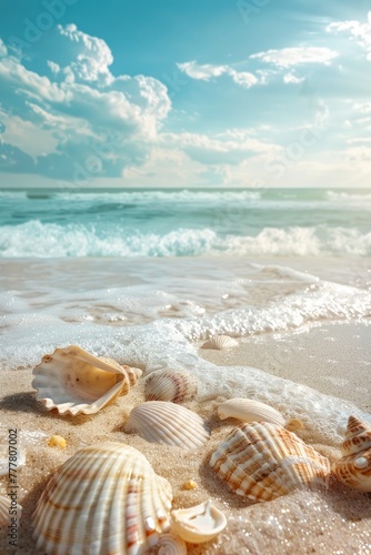 a beach scene featuring beach sand and seashells, in the style of light white and sky-blue, ferrania p30, serene visuals, ad posters, vibrant stage backdrops - generative ai