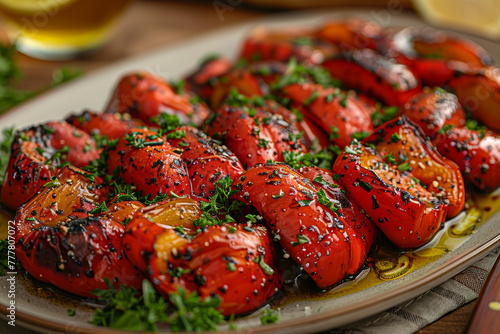 A platter of roasted red peppers is drizzled with olive oil and sprinkled with fragrant herbs, creating a mouthwatering appetizer. Concept of Mediterranean cuisine and culinary. Generative Ai.