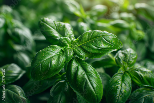 A bunch of aromatic basil leaves is plucked from the stem, ready to be transformed into fragrant pesto sauce. Concept of fresh herbs and homemade condiments. Generative Ai.