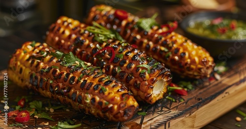 Grilled Sweet Corn on Wooden Board photo