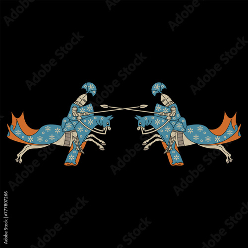 Symmetrical design with two medieval riders. Fighting knights with spears riding horses. 