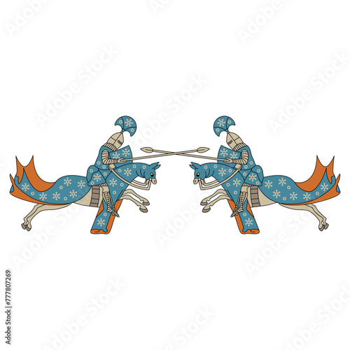 Symmetrical design with two medieval riders. Fighting knights with spears riding horses. 