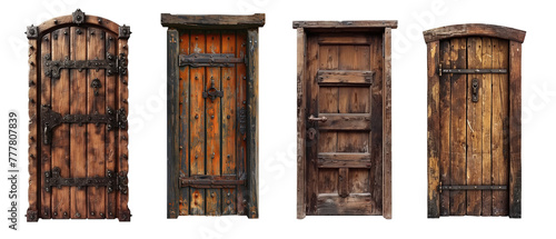 set of rustic wooden doors isolated on white background