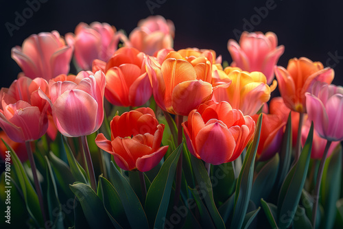 A profusion of vibrant tulips dances in the gentle breeze, their petals unfurling like colorful ribbons in a springtime celebration. Concept of seasonal blossoms and renewal. Generative Ai.