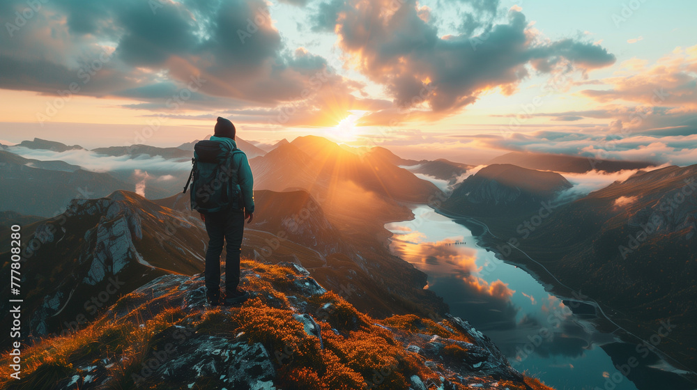 A man is standing on a mountain top with a backpack. AI.