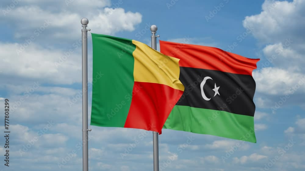 Libya and Benin two flags waving together, looped video, two country cooperation concept Libya and Benin two flags waving together, looped video, two country cooperation concept