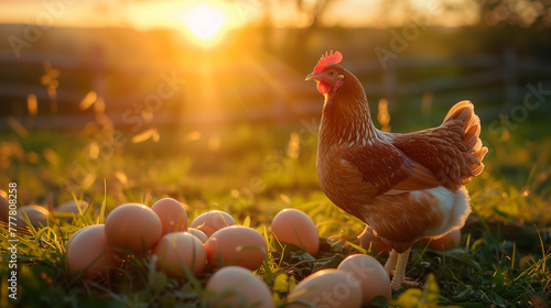 A chicken is standing in a field of eggs. AI.