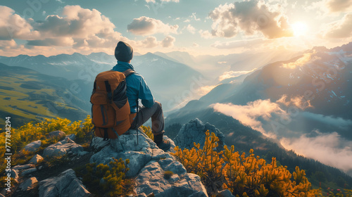 A man is sitting on a mountain top with a backpack on. AI.