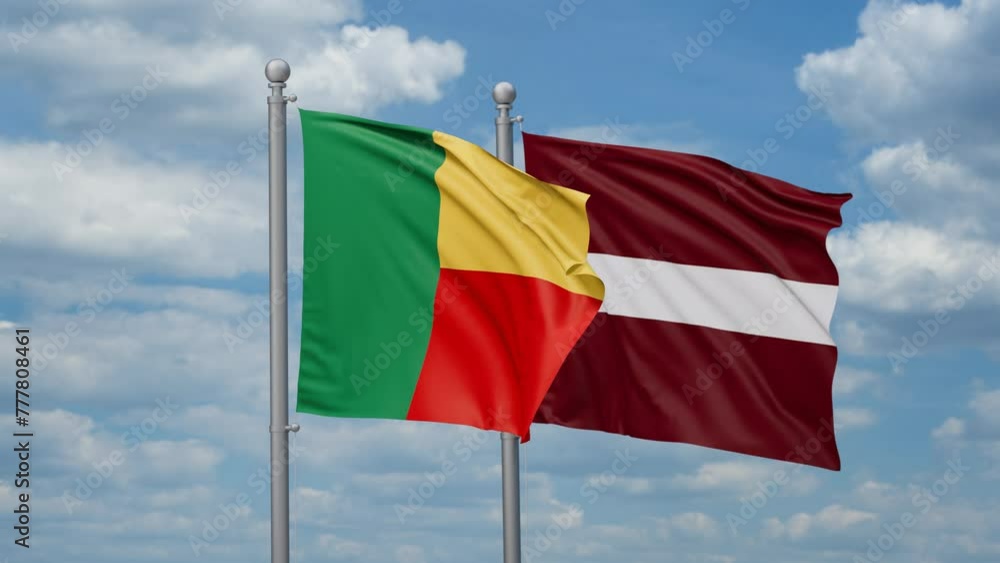 Latvia and Benin two flags waving together, looped video, two country cooperation concept Latvia and Benin two flags waving together, looped video, two country cooperation concept