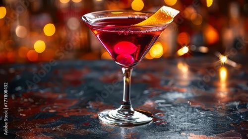 A classic cosmopolitan cocktail, with vodka, triple sec, cranberry juice, and a splash of lime, served in a chilled martini glass with a twist of orange peel for garnish.