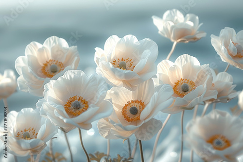 A cluster of delicate anemones sways in the breeze  their ethereal blooms a whisper of color against the backdrop of the ocean. Concept of coastal beauty and floral elegance. Generative Ai.