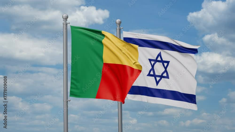 Israel and Benin two flags waving together, looped video, two country relations concept Israel and Benin two flags waving together, looped video, two country relations concept