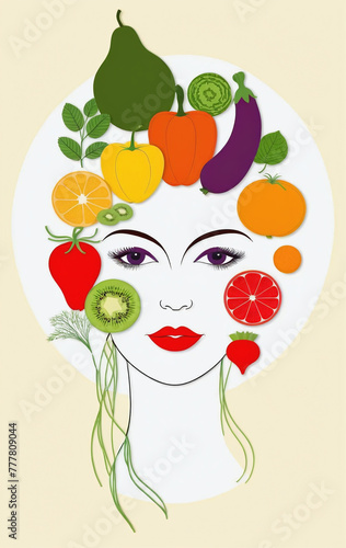 Illustrative depiction of a female face framed by fruits and vegetables for healthy nutrition and healthy skin