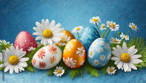 Easter eggs with flowers on a blue textured background. Copy Space. Great for spring projects & Easter cards. Ai generative