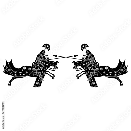 Symmetrical design with two medieval riders. Fighting knights with spears riding horses. Black and white silhouette. 