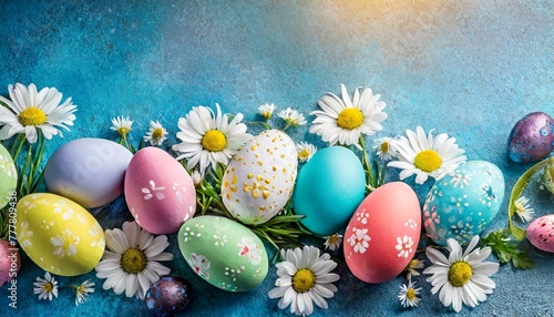 Easter eggs with flowers on a blue textured background. Copy Space. Great for spring projects & Easter cards. Ai generative