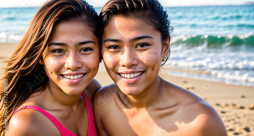 Two young women smiling at the camera while standing on the beach. © Miklos