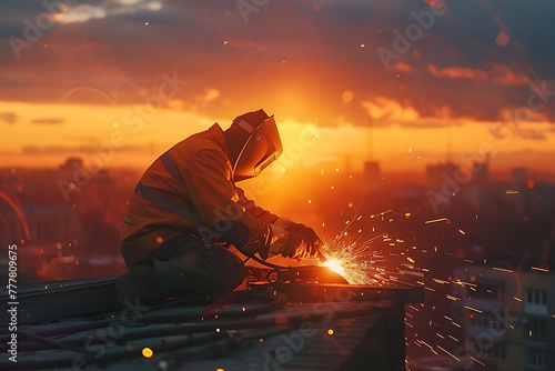 Industrial welding work in sunset