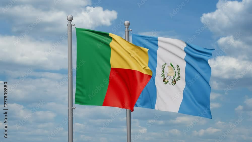 Guatemala and Benin two flags waving together, looped video, two country relations concept